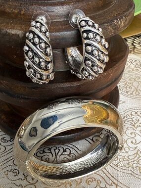 Chunky Silver Cuff Bangle Bracelet and Earrings Set